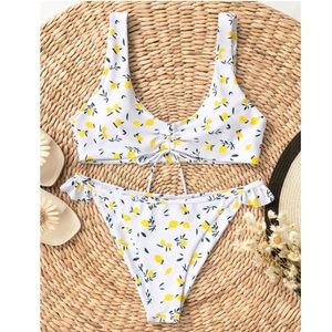 SHEIN White Lemon Print Tie-Front Bikini Set